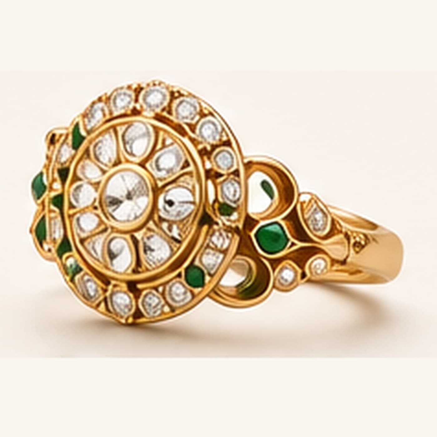 Round 22K gold cocktail ring set with uncut polki diamonds and emerald accents