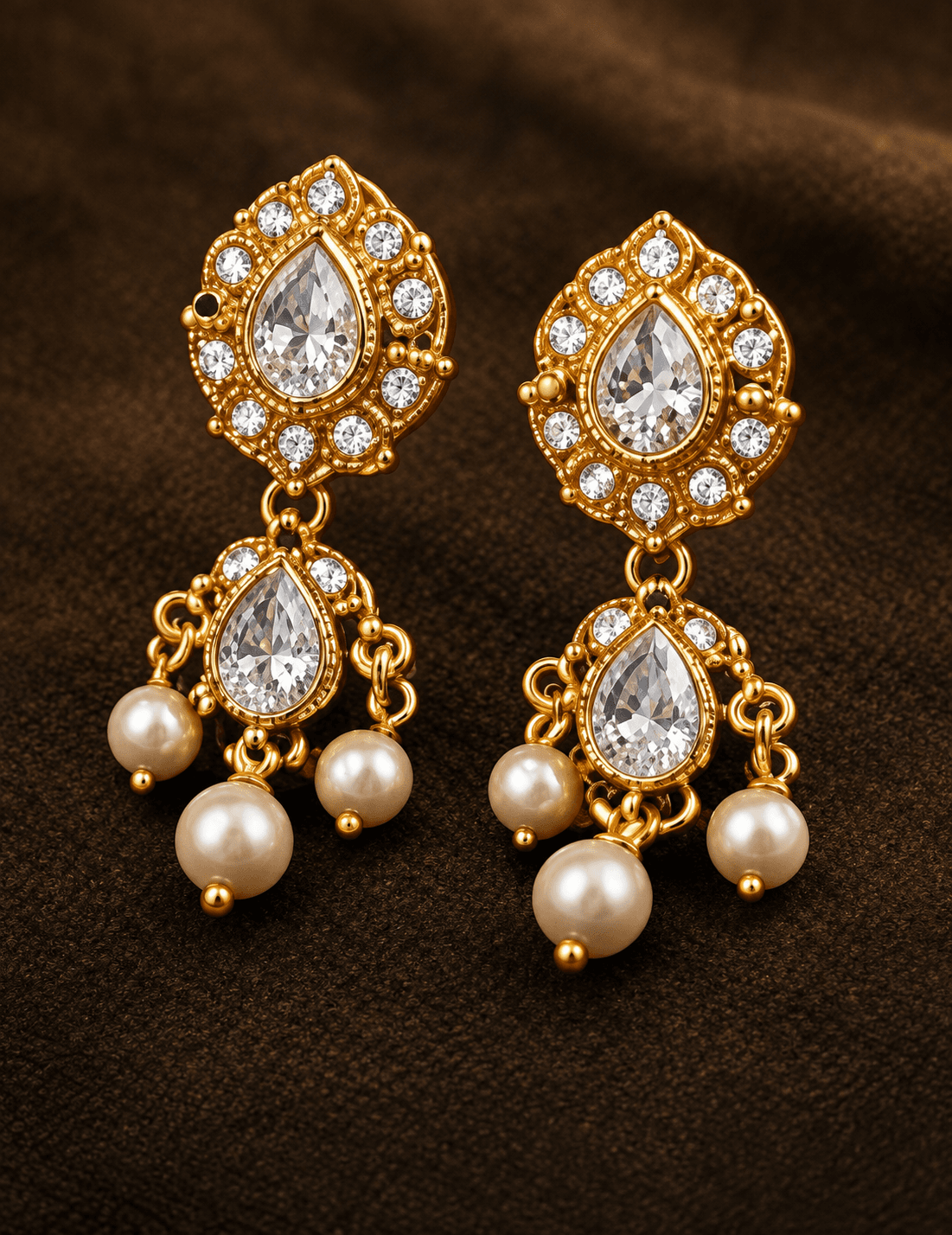 Uncut polki earrings with pearl drops on a dark background