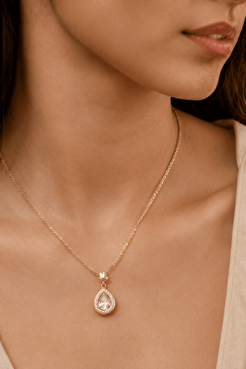 Layered gold chain with a pear diamond pendant worn with a cream blouse