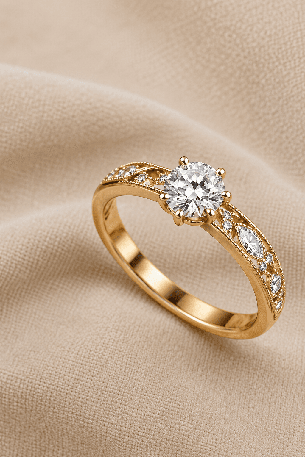 Gold halo diamond ring photographed on textured linen