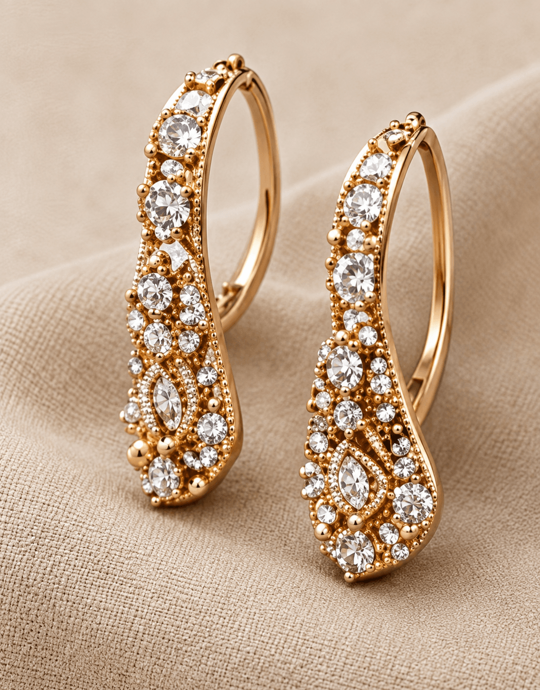 Diamond-set gold hoops resting on a stone surface
