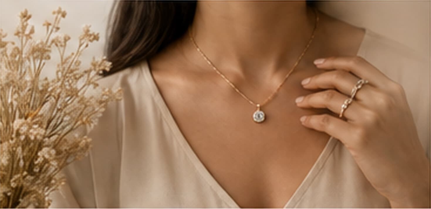 A woman wearing a delicate diamond pendant and stacked rings