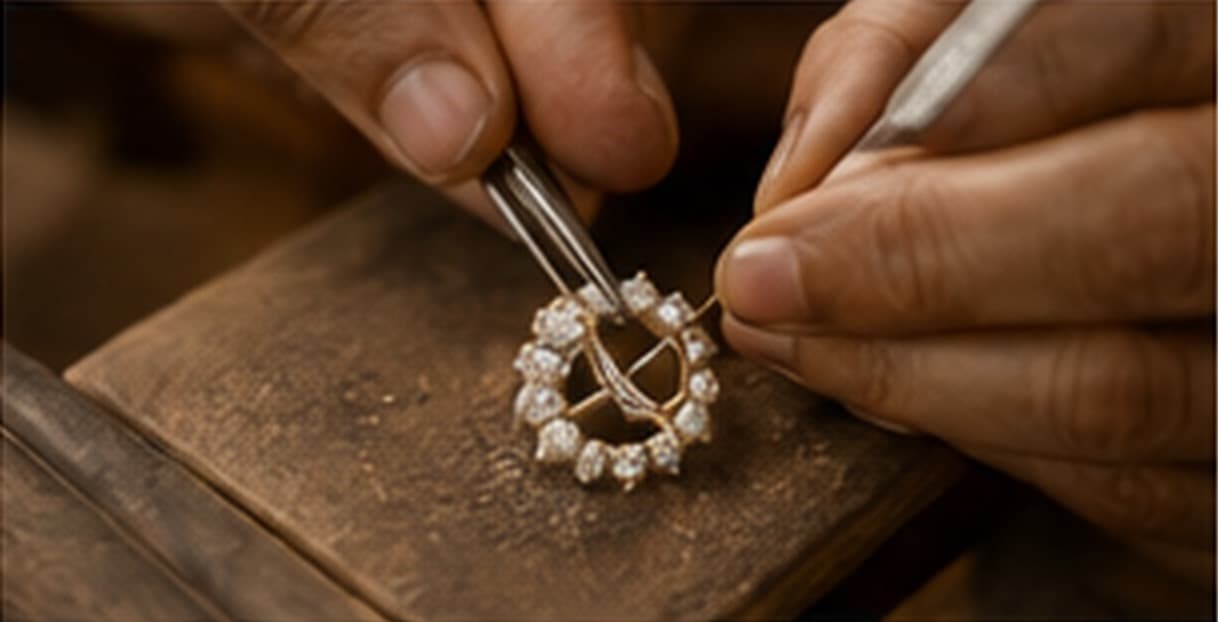 An IPSA JEWELS karigar setting diamonds into a gold ring at the workbench