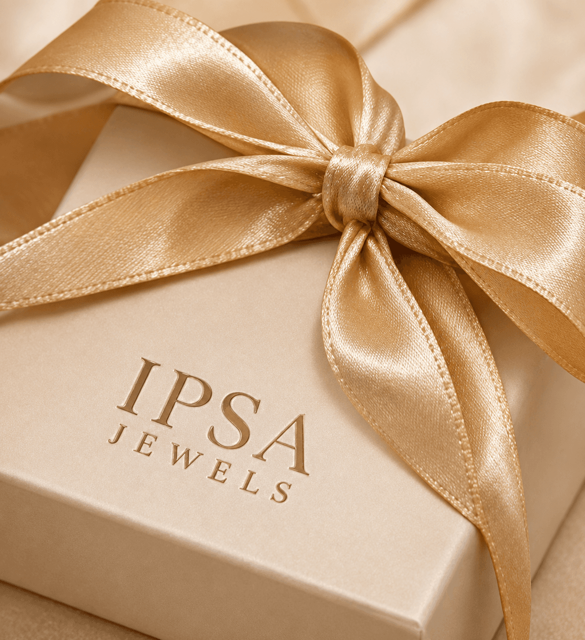 IPSA JEWELS gift box tied with a champagne satin ribbon beside a diamond ring