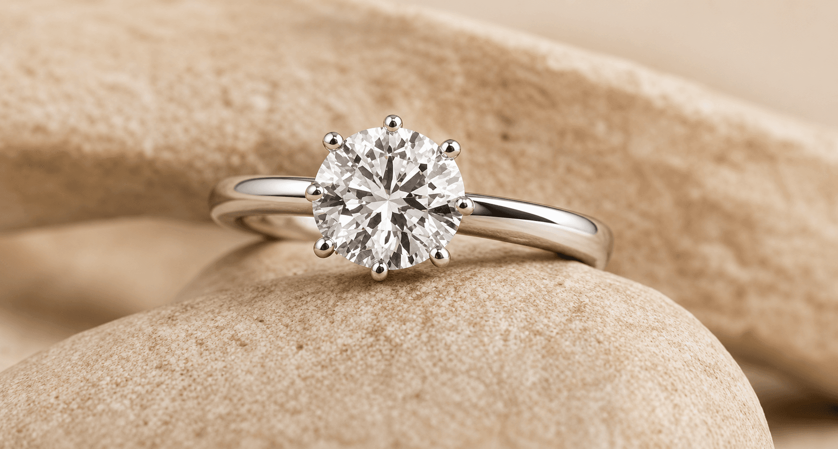 Solitaire diamond engagement ring resting on a warm neutral stone