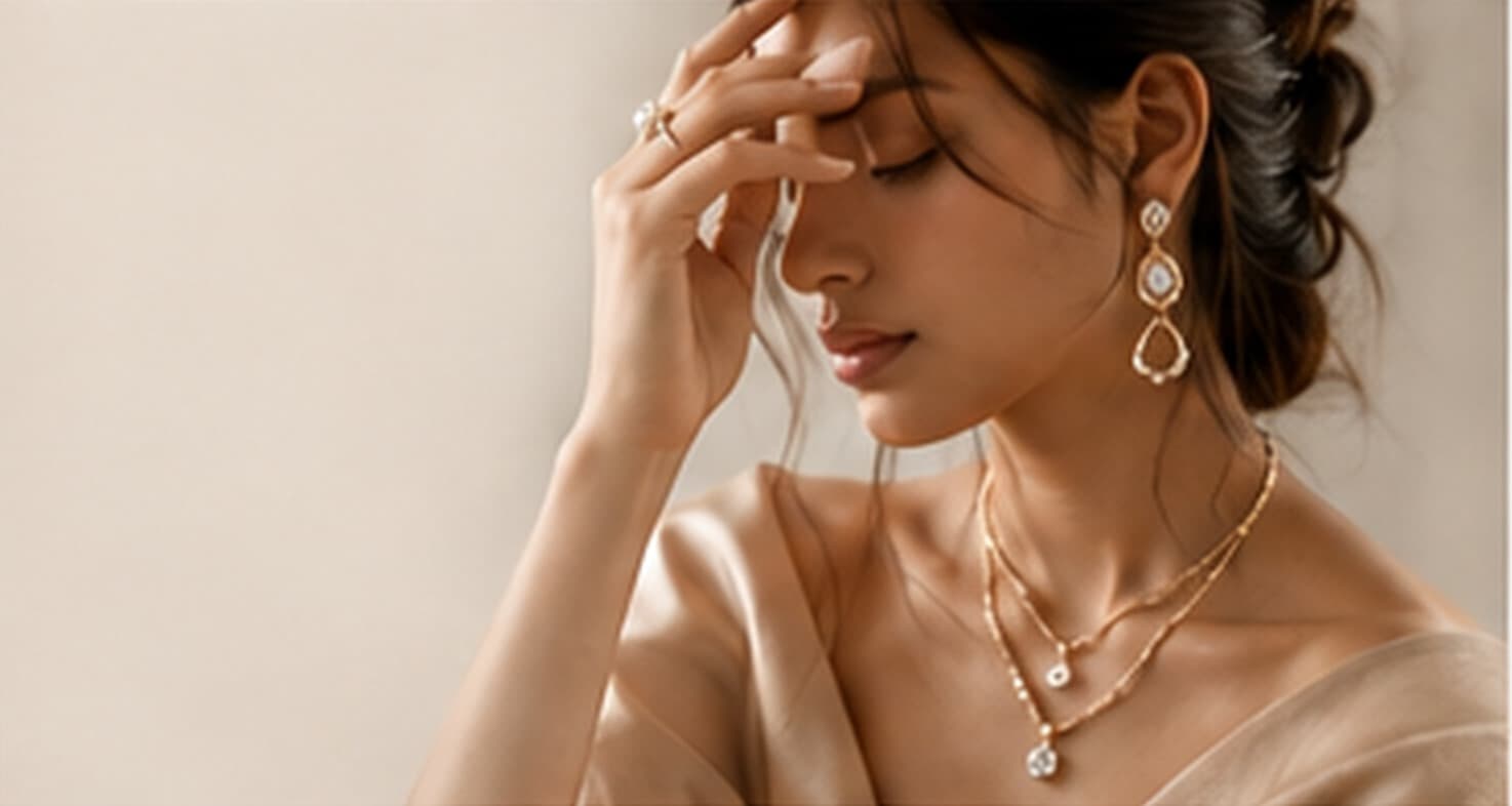 A model wearing IPSA gold drop earrings, layered diamond necklaces and a solitaire ring